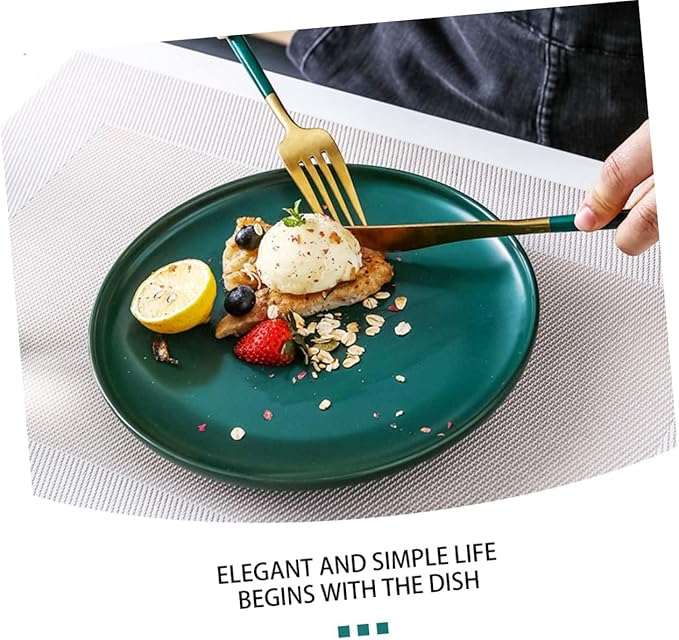 KICHOUSE Dark Green Ceramic Steak Plate 8 Inch Round Food Serving Plate Microwave Safe Tableware for Western Cuisine for Dinner Parties and Everyday Use