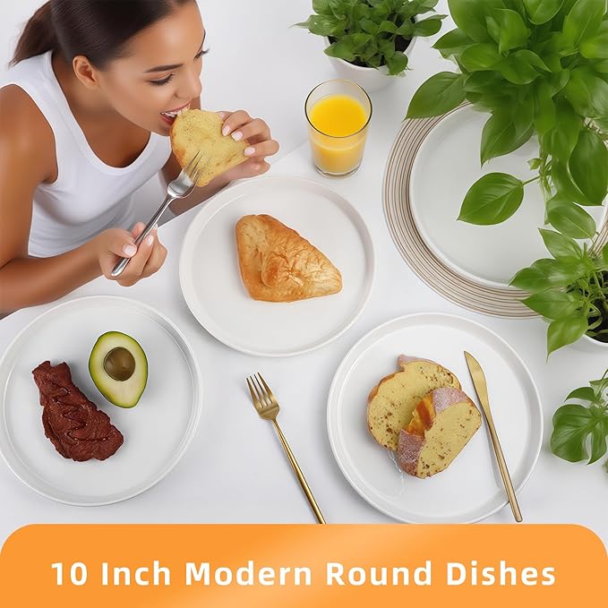 White Dinner Plates Set of 6, 10 Inch Porcelain Dessert Plates, Ceramic Appetizer Plate, White Round Salad Plate, Microwave & Dishwasher Safe, Scratch Resistant