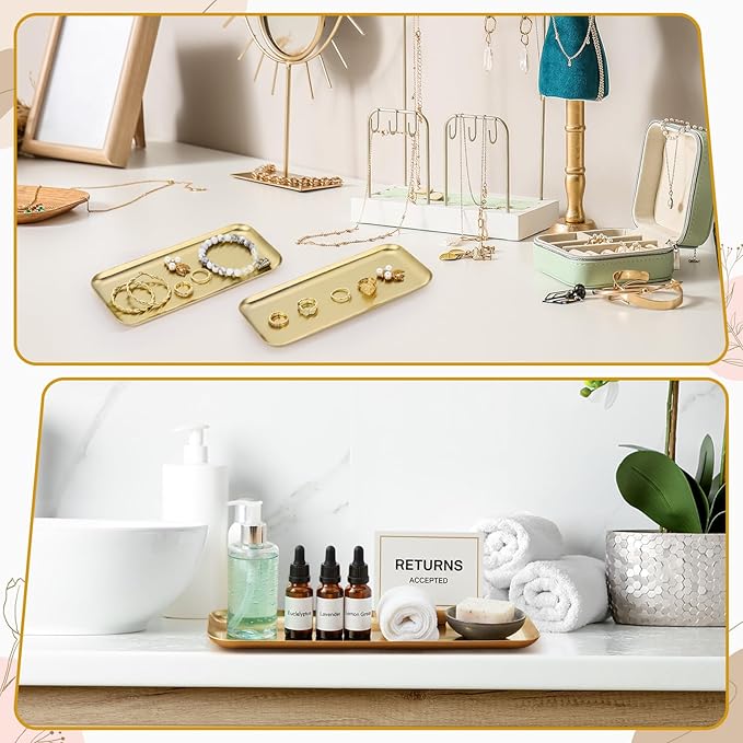 Vesici 12 Pcs 7.87 x 3.35 inches Small Gold Tray Bulk, Stainless Steel Rectangle Serving Trays Trinket Decorative Bathroom Tray for Vanity Jewelry Makeup Towel, Dish Plate Tea Fruit Storage Platter
