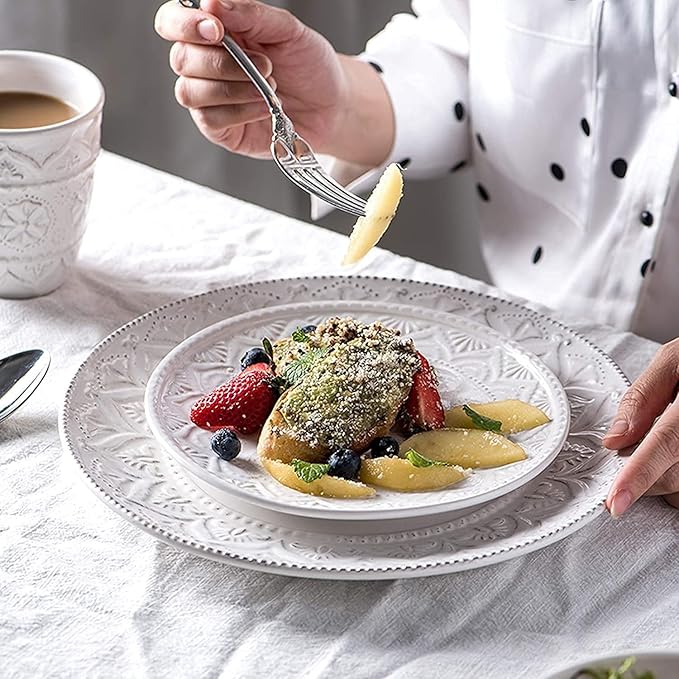Dinnerware Set Dinner Party Tableware Service Set Ceramics Dinner Sets, 24 Pieces White Vintage Relief Porcelain Dinnerware Set | Nordic Style Cereal Bowl Steak Plate and Mug, FPYY2024040817