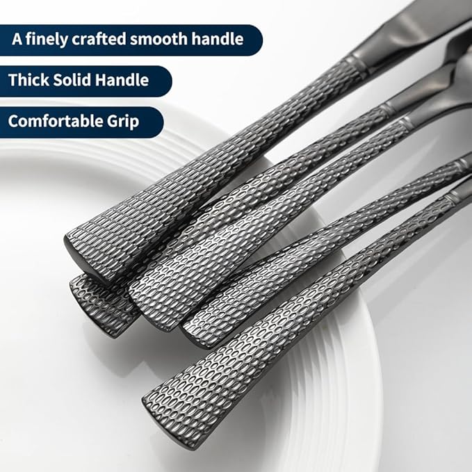 Hammered Black Silverware Set,20 Piece Modern Flatware Set Service for 4,Mirror Polished Stainless Steel Cutlery Set Utensil Set Tableware Set,Kitchen Knives Forks Spoons Set,Dishwasher Safe ﻿