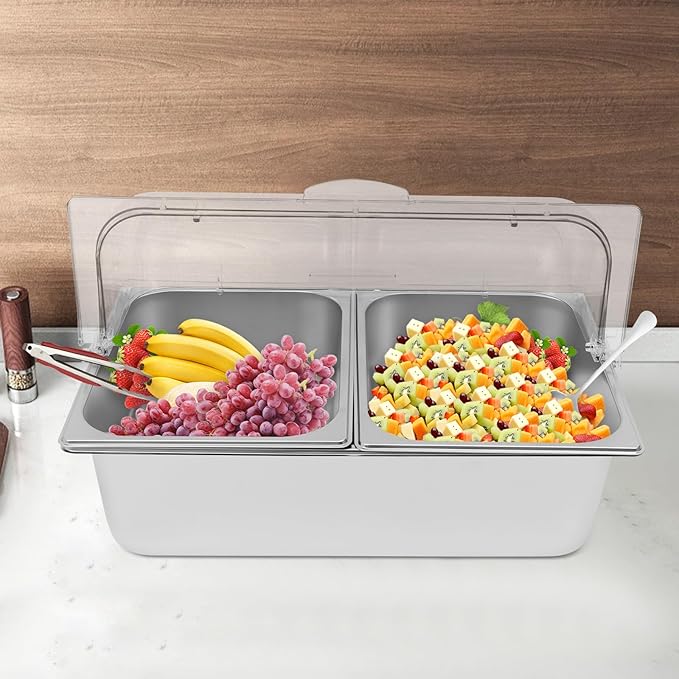 2 Pans Ice Food Serving Display Container w/Clear Roll Top Cover, Stainless Steel Serving Tray Catering Supplies Buffet Display Condiment Dispenser Plate Case for Restaurant Hotel Kitchen