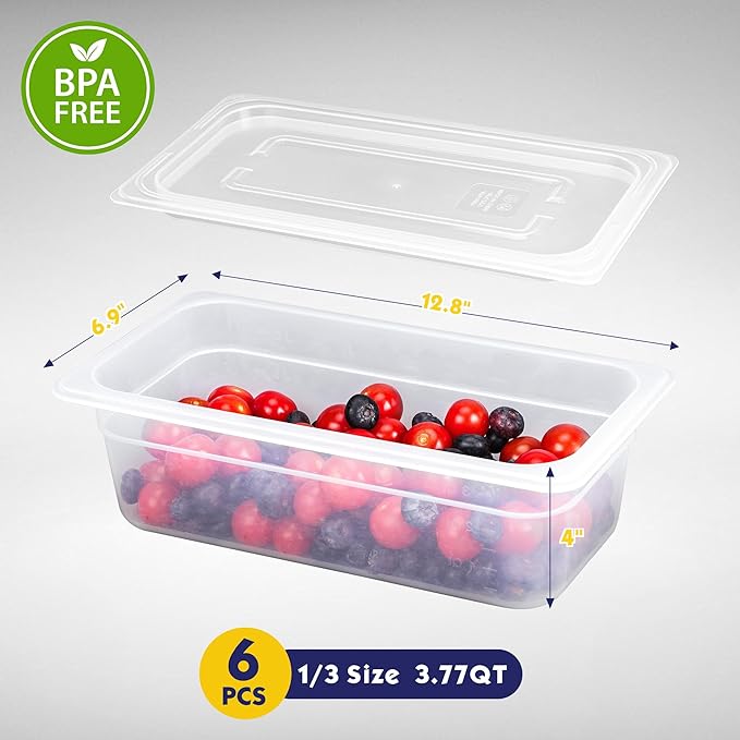 6 Pack 1/3 Size 4'' Deep Food Pans with Lids, Translucent Polypropylene, BPA-free, Commercial Stackable Freezer-safe Storage for Restaurants, Buffets