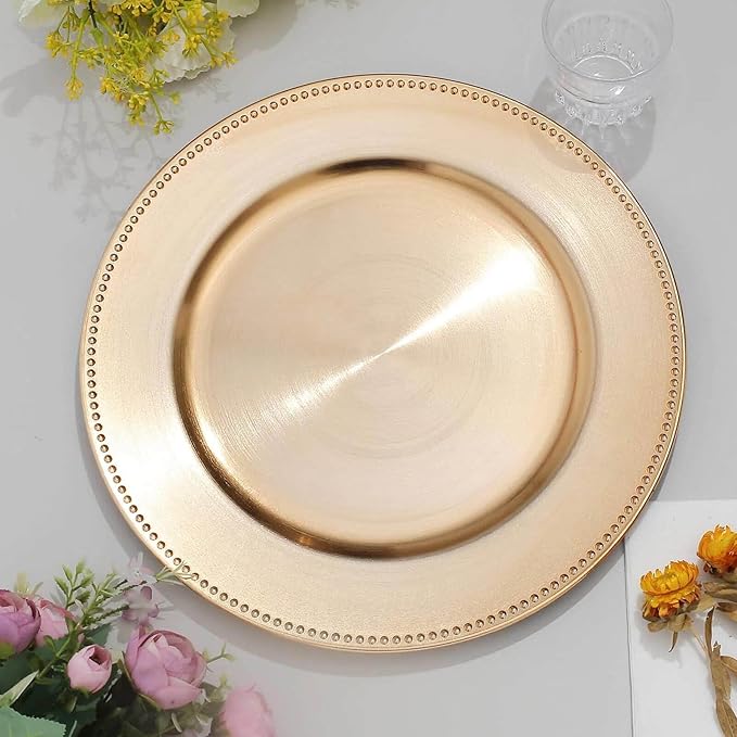 13" Charger Plates -Set of 12 - Acrylic Gold Round Beaded Disposable Chargers, Ideal for Dinner Party Wedding Bulk Events Tabletop Decoration