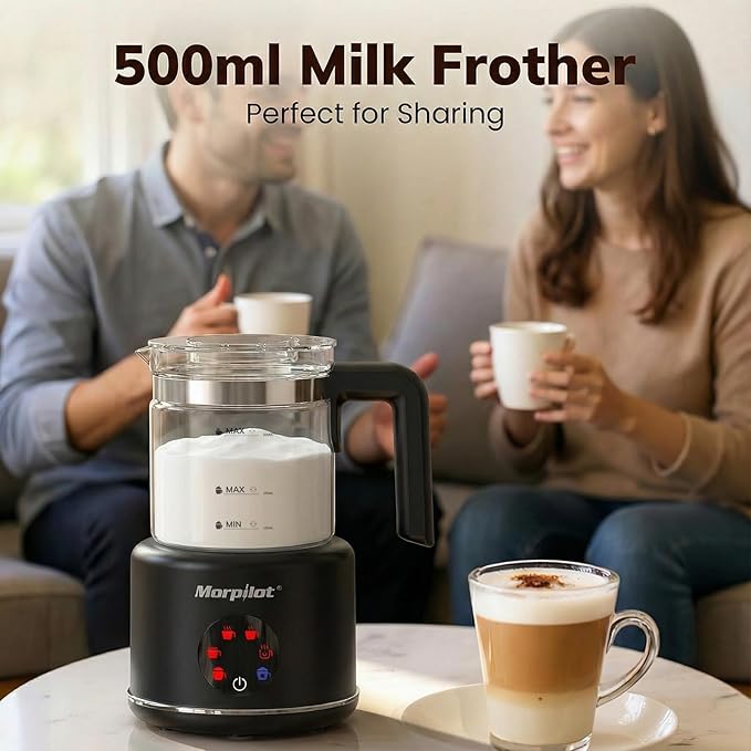 Large Electric Milk Frother and Steamer, 16.9oz/500ml Milk Steamer and Frother for Latte or Hot Chocolate, Dishwasher Safe, 6 Functions, Enjoy Perfect Milk Froth in 2 Min (Black-Glass)