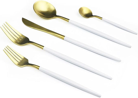 5-Piece 18/10 Stainless Steel Flatware Set, Serive for 1, With Fork Spoons Knife Teaspoon Dessert Fork for Home Kitchen Restaurant Hotel (White + Gold)