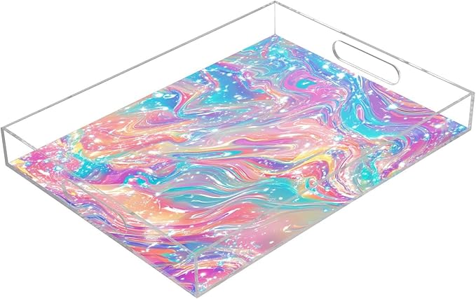 Serving Tray with Handles Clear Acrylic Tray 12x16 Inch Decorative Rectangular Tray Organizer for Ottoman Coffee Table Bathroom Pink Liquid Gradient