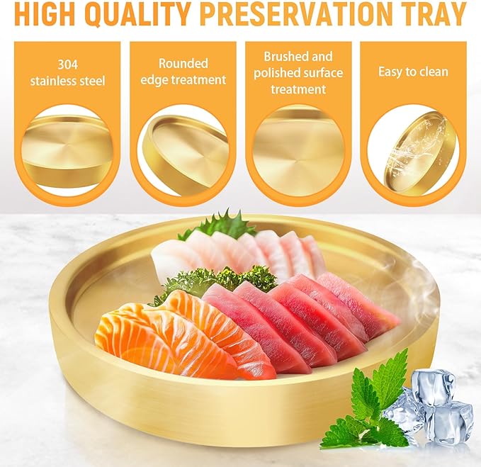 9.4" Stainless Steel Chilled Serving Trays for Parties Containers, Round Gold Ice Tray for Food Buffet Bowls Box Platter Server Cold Ice Vegetable Fruits Snacks Shrimp Cocktail Fridge (Gold)