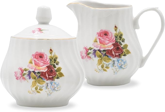 Sugar and Creamer Set - Porcelain Sugar and Creamer Vintage Tea Set with Gold Trims & Embossed Swirls - Exquisite Fine China Tea Set for Parties & Celebrations - Philomena set by Lynns