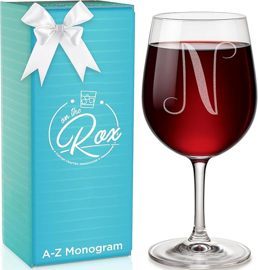 Monogrammed A-Z Wine Gifts for Women - 12.75 oz Engraved Personalized Wine Glass- Funny Wine Lover Monogram Gifts for Women - Unique Wine Glasses Gift Set (N)
