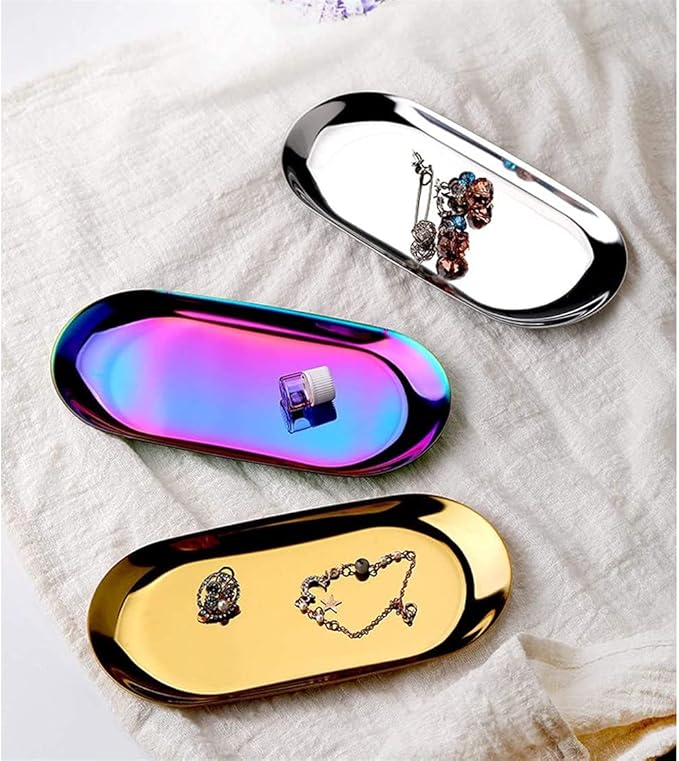 Serving Tray Oval Stainless Steel Tray Fruit Trays Storage Tray Serving Plate Cosmetics Jewelry Decorative Organizer for Coffee, Dessert, Fruit.-Gold||Small