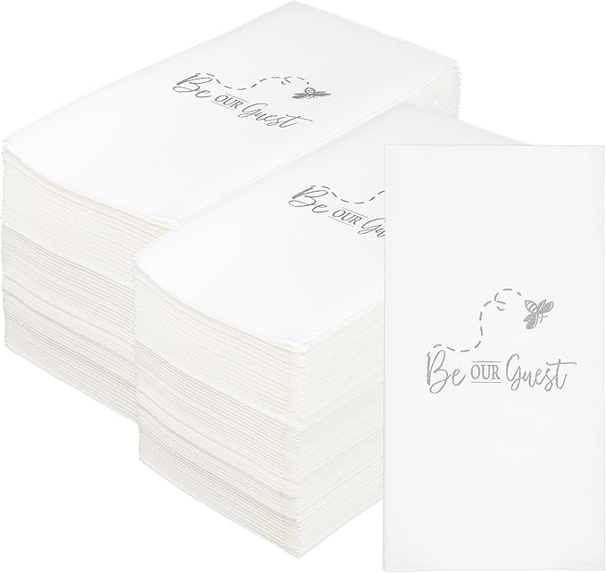 AMERICAN HOMESTEAD Disposable Hand Towels for Bathroom - Decorative Be Our Guest Silver Design - Linen-Like Guest Napkins for Events, or Dinner Parties - Paper Towels - 15.5" x 12" - 50 Count