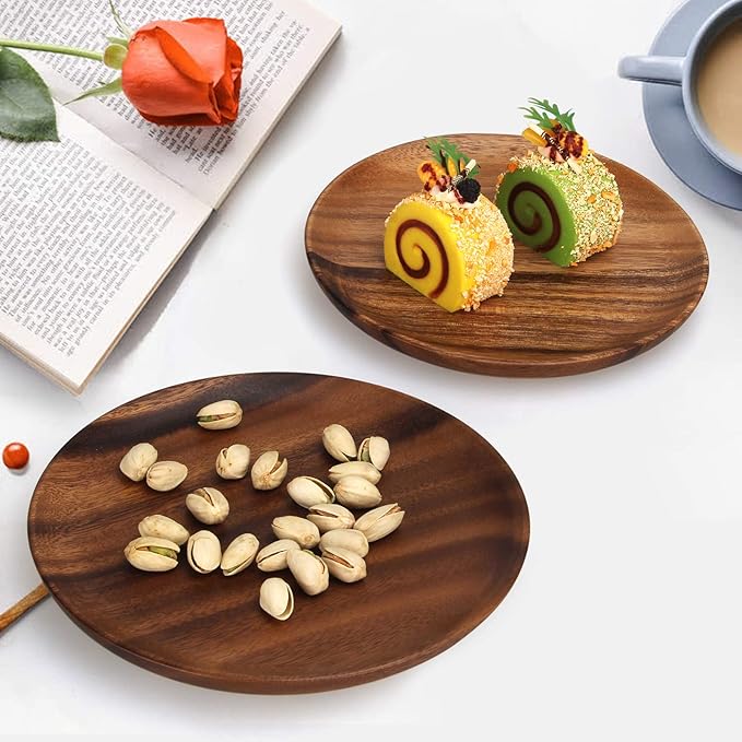 Ayiaren 2 Psc Decorative Acacia Wood Salad Plates Round Charcuterie Boards Snack Appetizer Dessert Plate Wooden Cheese Serving Board Kitchen Dishe Platter for Foood Party Small Charger Dinner Plates