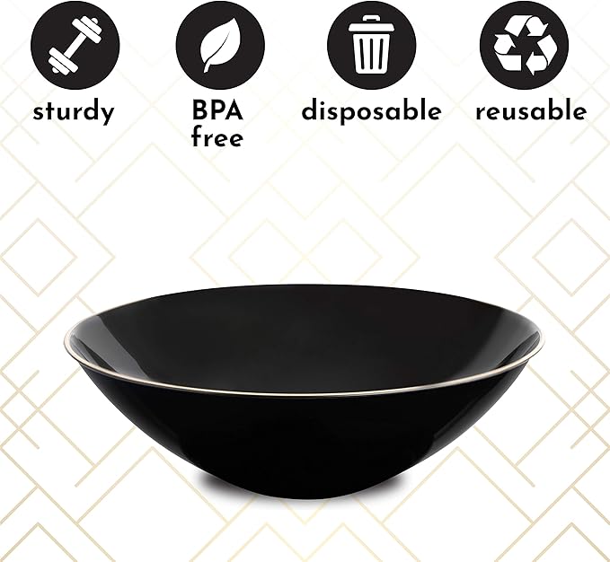 [16 OZ 20 Count] Black Plastic organic Party Soup bowls With Gold Rim Premium heavyweight Elegant Disposable Tableware Dishes