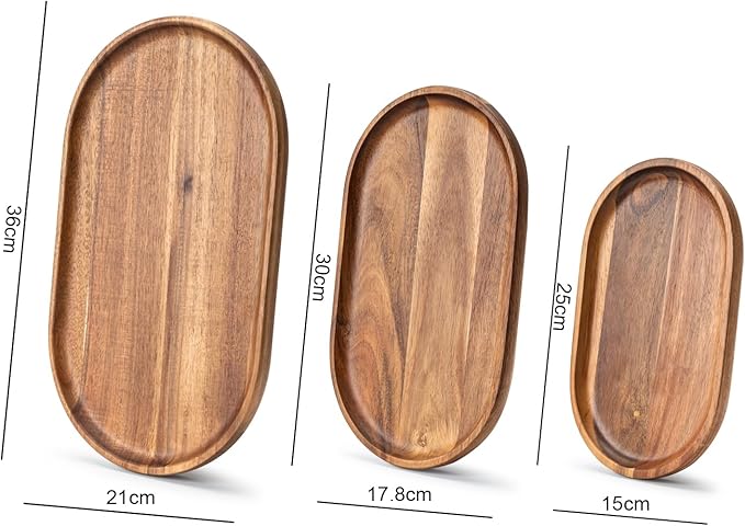Set of 3 Wooden Tray Serving Platters Acacia Wood Serving Trays Home Decor Cheese Board Cake Plates Serving Dishes for Entertaining Kitchen Charcuterie Platter for Food Dish Dessert Snack Tray