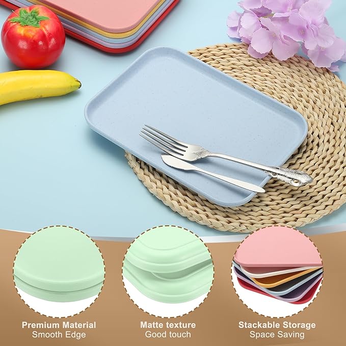 PATIKIL 7.9x5.9 Plastic Tray, 2 Pack Rectangular Plates Small Food Tray Wheat Plates Dishes Reusable Dessert Plate Trays with Cloth for Cake Fruits Salad Cupcake Steak Serving Green