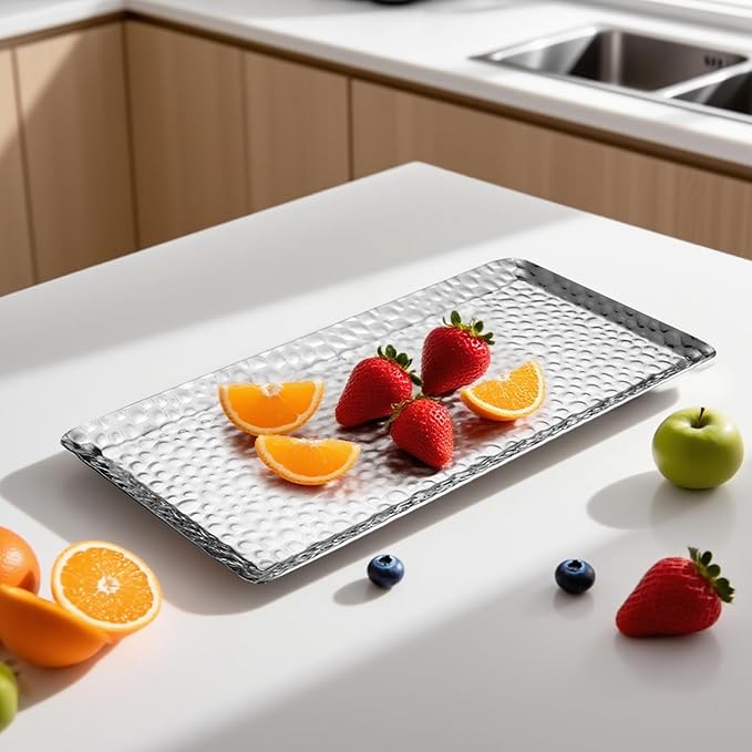 9.8×4.3Inch Silver Metal Decorative Tray, Reusable Stainless Steel Serving Trays, Rectangle Bar Trays for Liquor Display, Decorative Bar, Vanity, Coffee Serving Tray