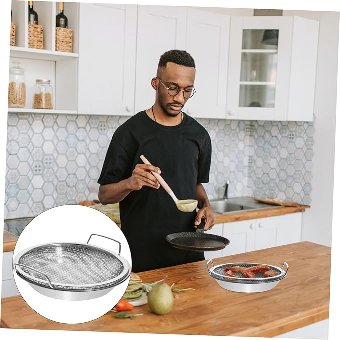 Stainless Steel Frying Oil Draining Tray with Mesh Net for Fried Food Serving and Cooling 8.26X7.87 Inch Snack Plate for Kitchen Use