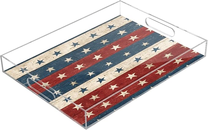 Serving Tray with Handles Clear Acrylic Tray 12x16 Inch Decorative Rectangular Tray Organizer for Ottoman Coffee Table Bathroom Red and Blue Stars Independence Day