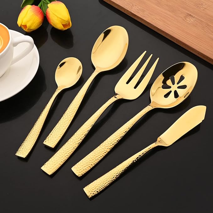 JASHII 5-Piece Gold Hammered Flatware Hostess Set Stainless Steel Serving Fork Slotted Serving Spoon Butter Knife Teaspoon Set for Buffet Party Mirror Polished Dishwasher Safe