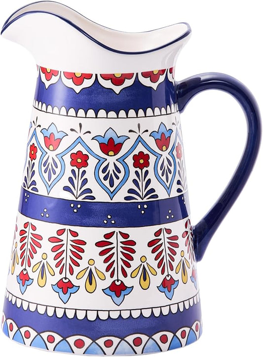 Bico Boho Totem Ceramic 2.5 Quarts Pitcher with Handle, Decorative Vase for Flower Arrangements, Dishwasher Safe