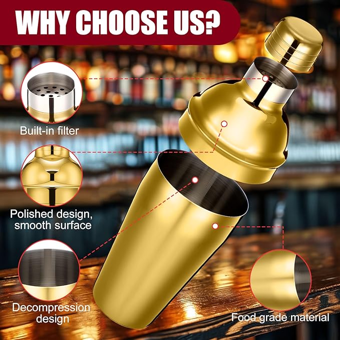 Nitial 6 Pcs Bar Cocktail Shaker Professional Stainless Steel Martini Drink Mixer Built-in Strainer for Bartending No Leaks Shaker for Bar Party Drink Mixer (Gold,18.6 oz)