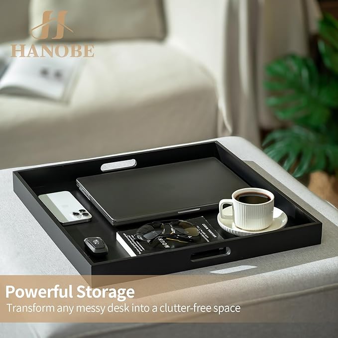 Hanobe Ottoman Tray for Living Room: Modern Extra Large Black Serving Decorative Trays with Cutout Handles for Coffee Table Home Decor, 20"