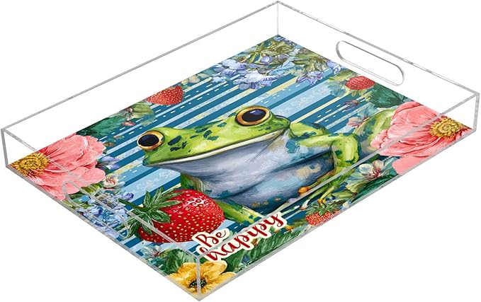 Serving Tray with Handles Clear Acrylic Tray 12x16 Inch Decorative Rectangular Tray Organizer for Ottoman Coffee Table Bathroom Cute Blue Striped Frog Floral Strawberry