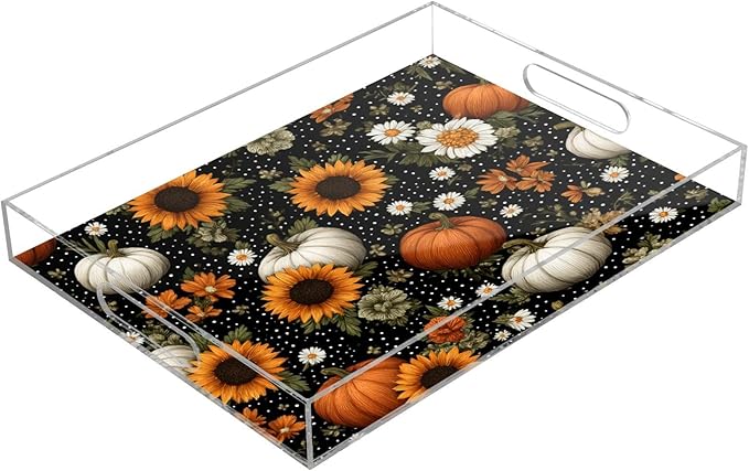 Serving Tray with Handles Clear Acrylic Tray 12x16 Inch Decorative Rectangular Tray Organizer for Ottoman Coffee Table Bathroom Black Dotty Pumpkins Sunflowers Daisy