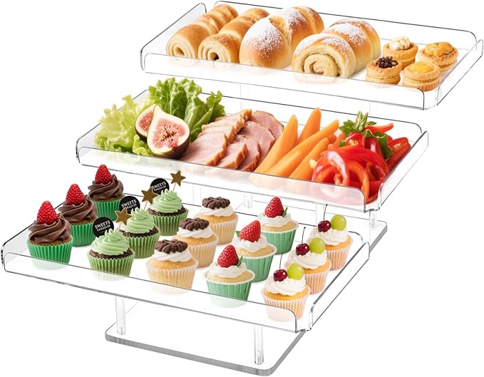 Acrylic Dessert Table Display Set 2025 New Updated, Cupcake Stand 3 in 1 Tier Thickened Serving Tray for Cookies, Fruits, Veggies, Sweet Treats, Wedding Parties (Rectangular)