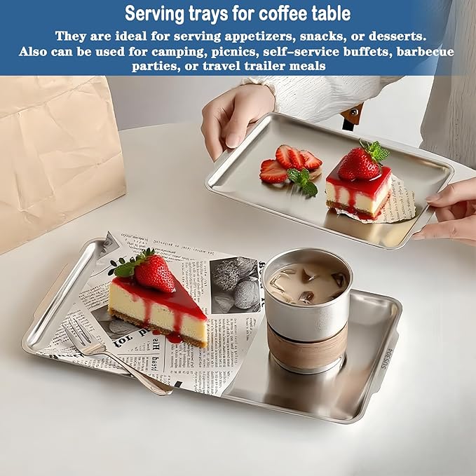 304 Stainless Steel Serving Tray, 12.7" Rectangle Silver Platter, Metal Serving Tray with Handles, Decorative Organizer Trays for BBQ,Party,Buffet,Coffee, Appetizer