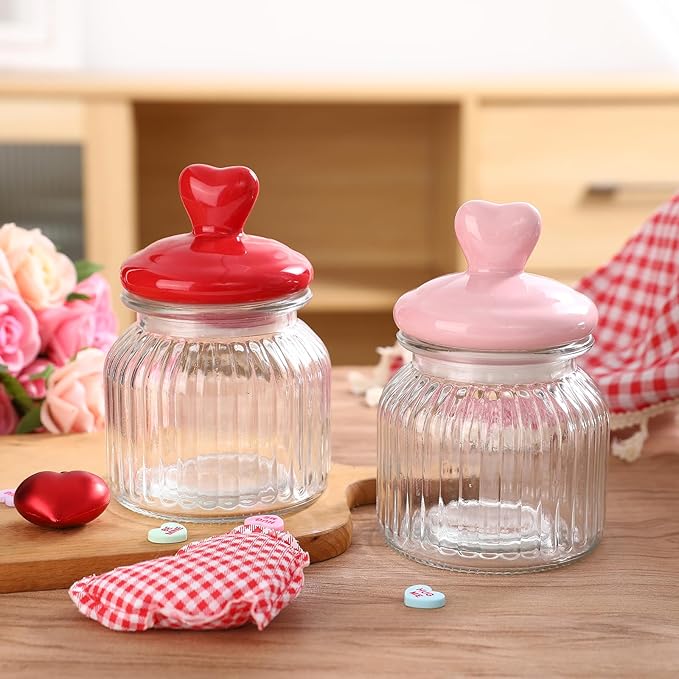 Valentines Day Decorations -2 PCS Glass Jars with Ceramic Heart Lid-Valentines Glass Storage for Chocolate Candy Sweets Gift Table Party Centerpieces Decor