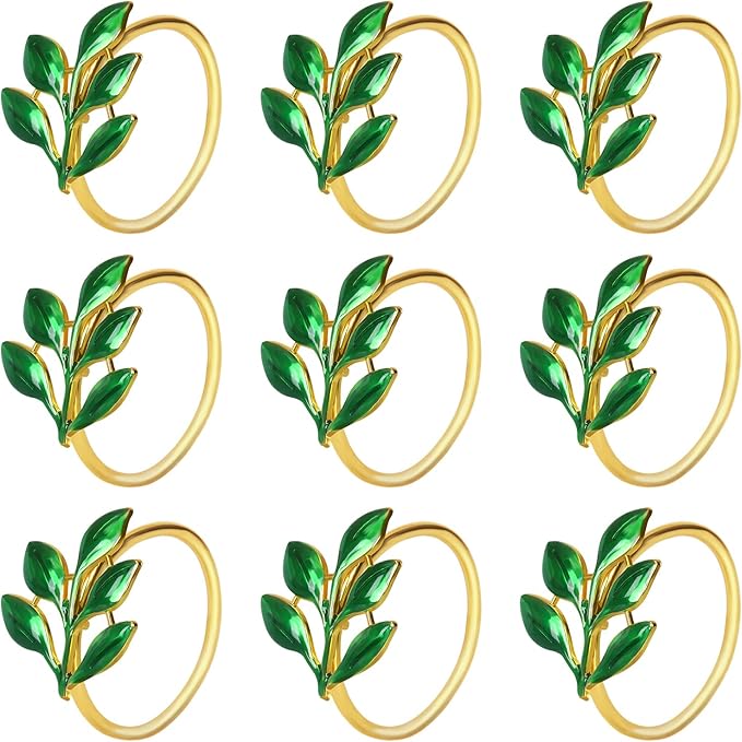 KPOSIYA Set of 12 Leaf Napkin Rings Metal Gold Napkin Holder Table Napkin Rings for Thanksgiving Day Christmas Dinning Table Parties Everyday (Ye Zi-Green 12)