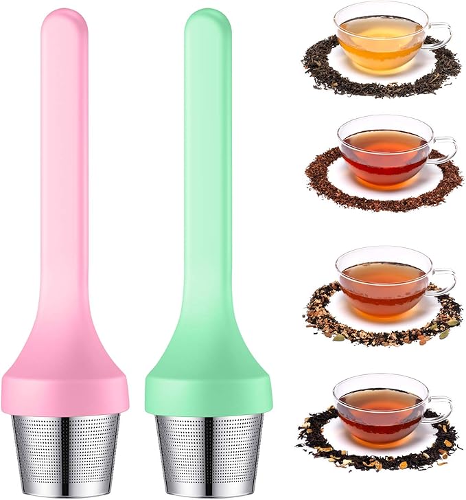 2pcs Tea Infuser,Extra Fine Mesh Tea Cup Filter Silicone Handle Perfect Tea Steeper for Loose Leaf Tea or Herbal Tea for Mugs & Teapot, Easy Clean and Safe (Green and Red)