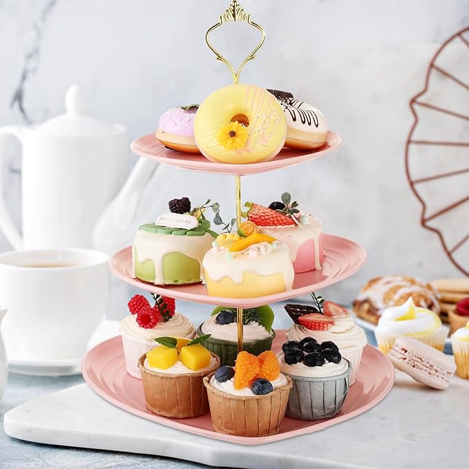 Layhit 1 Pack Valentine's Day 3 Tier Cupcake Stand Heart Shaped 3 Tiered Serving Trays for Party Plastic Tray Dessert Cupcake Stand for Tea Party Baby Shower Wedding (Pink)