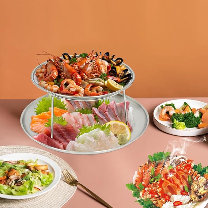 PERFERATE 2 Tier Seafood Tower Set with 8in & 10in Plates Oyster Plate, Seafood Serving Stand Silver Round Tray with Bracket Oyster Platter for Shrimp Crab Veggie Serving