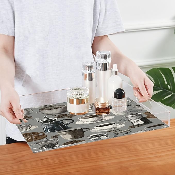 Serving Tray with Handles Clear Acrylic Tray 12x16 Inch Decorative Rectangular Tray Organizer for Ottoman Coffee Table Bathroom Grey Coffee Cups Beans Grinders