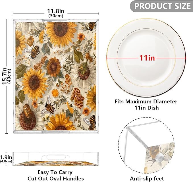 Serving Tray with Handles Clear Acrylic Tray 12x16 Inch Decorative Rectangular Tray Organizer for Ottoman Coffee Table Bathroom Beige Bees Sunflowers Daisy