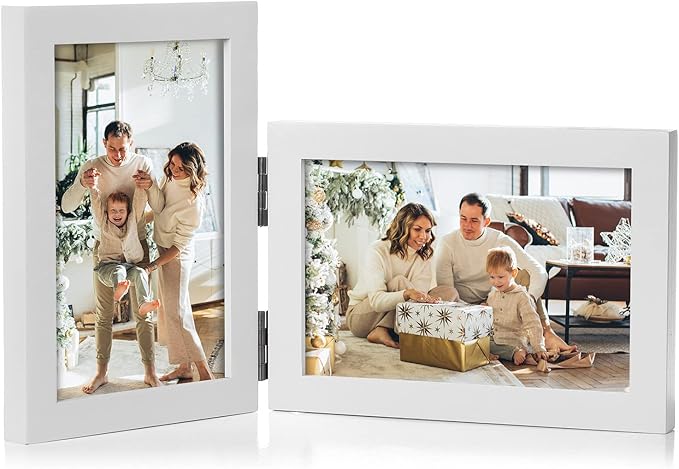 4x6 Double Hinged Picture Frame Folding Photo Frame Vertical and Horizontal in White Pine Wood with Real Glass for Tabletop P-BAI-SH46