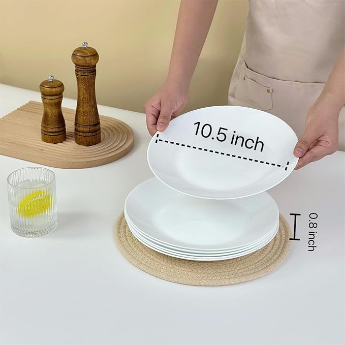 Amazon 6-Piece 10.5" White Dinner Plates Lightweight Round Plates, Simply Dessert Plate, Triple Layer Glass and Chip Resistant, for Microwave and Dishwasher Safe Scratch Resistant, Winter Frost White