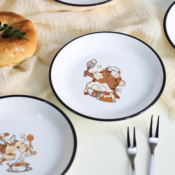 Funny Fidgety Chef Cat Pattern Ceramic Sauce Dishes, Seasoning Dishes, Sushi Soy Dipping Bowls, Appetizer Plates, Dessert Plates, Little Cat Bird Feeding Bowls, Set of 6-Chef Cat-5 Inch