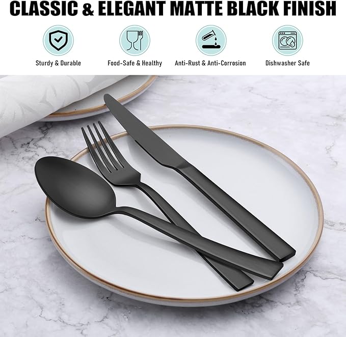 VeSteel 45Pcs Matte Black Silverware Set with Serving Utensils, Stainless Steel Flatware Set Service for 8, Metal Cutlery Eating Utensils Tableware Includes Forks/Spoons/Knives/Hostess Set