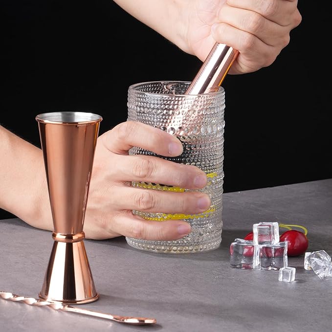 Rosegold Muddler for Cocktails, Matching Jigger and Bar Spoon with Bar Muddler - 3 Pcs Cocktail Muddler Set