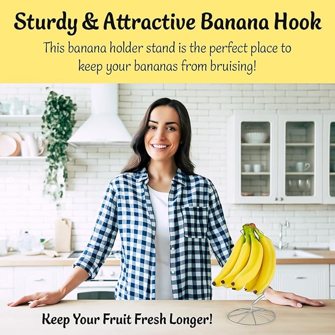 Homeries Banana Holder Modern Rack Hanger Tree Stand Hook for Kitchen Countertop. Satin Nickel Banana Holder Keeper Stand (Satin Nickel New)