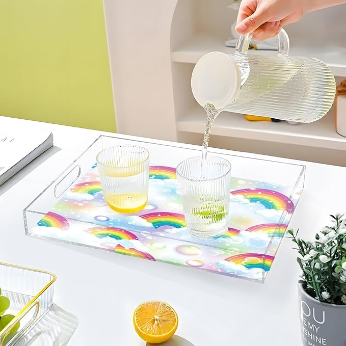 Serving Tray with Handles Clear Acrylic Tray 12x16 Inch Decorative Rectangular Tray Organizer for Ottoman Coffee Table Bathroom Rainbow Clouds Dots White