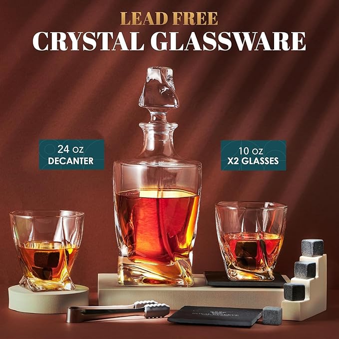 Whiskey Decanter Set by Royal Reserve – Whiskey Gift Set - Twisted Bourbon Decanter 24 oz 750 ml with Glasses, Whiskey Stones, Coasters, Tongs – Whiskey Gifts for Men, Husband, Dad Christmas