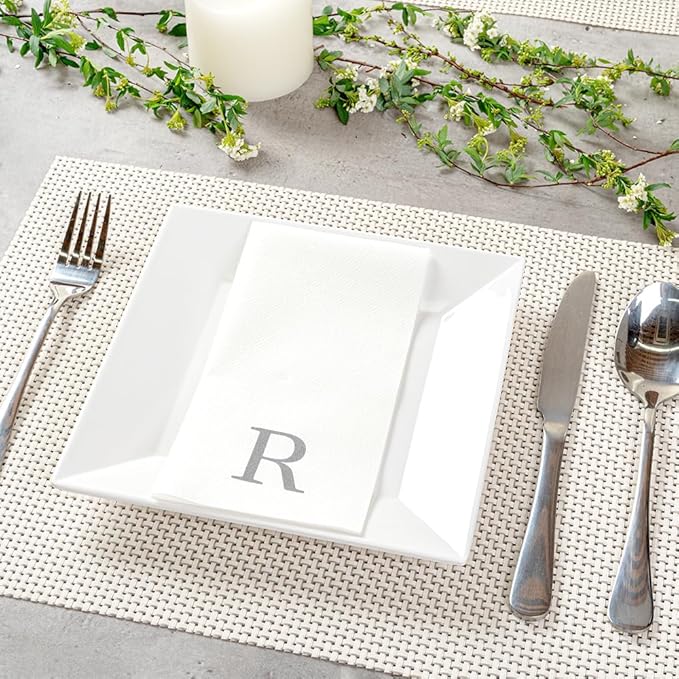 Luxenap 15.8 X 7.9 Inch Linen-Feel Guest Towels, 50 Lettered Hand Towels - Silver Letter 'R', Sans Serif Font, White Paper Dinner Napkins, airlaid, For Restrooms And Tables - Restaurantware