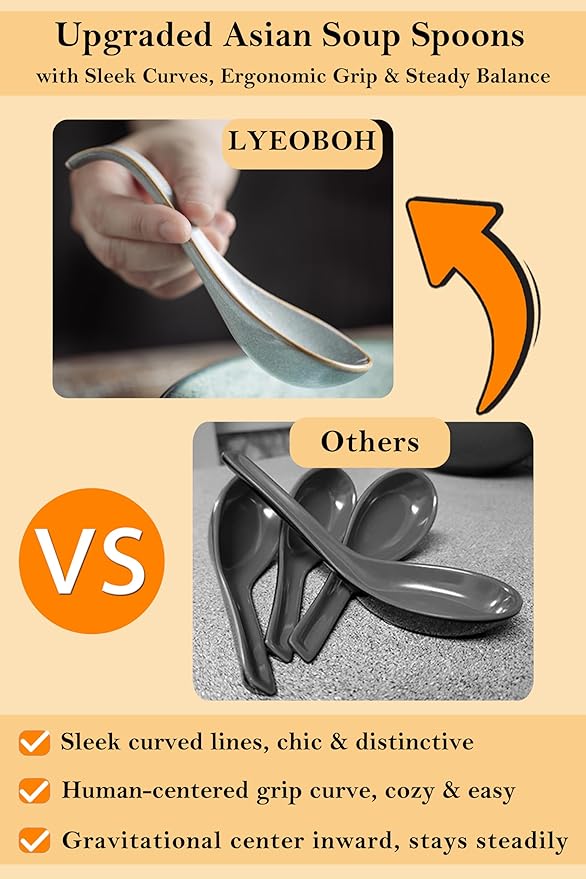 LYEOBOH Ceramic Asian Soup Spoons Set of 6 with Long Handle for Kitchen, Restaurant, Japanese Ramen Spoons with Deep Hook Design, Dishwasher & Microwave Safe, Gray