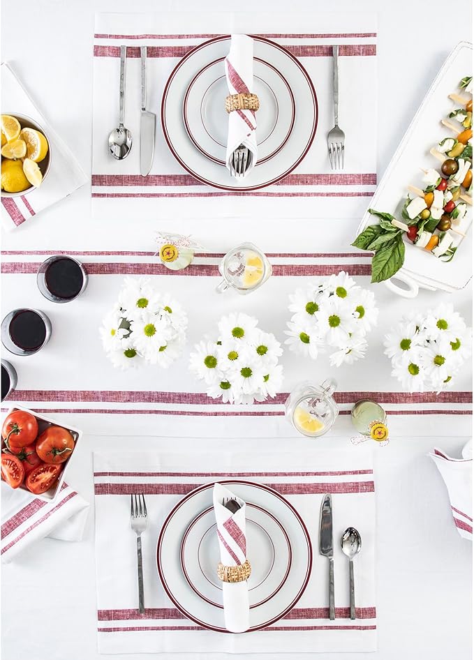 Solino Home Striped Linen Placemats Set of 4-100% Pure Linen Burgundy and White Place Mats 14 x 19 Inch for Christmas, Holiday, Winter, New Year - French Stripe