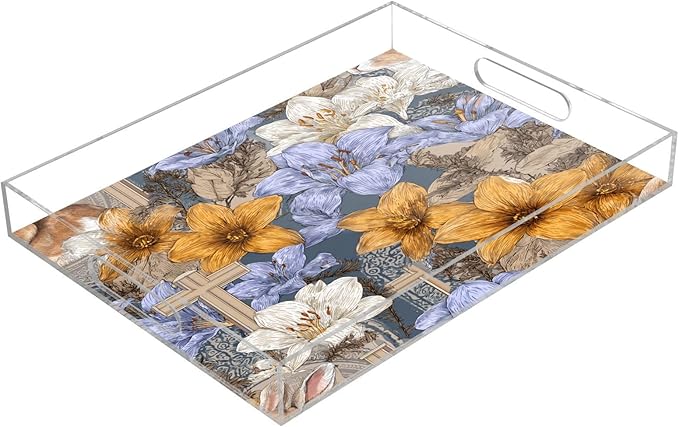Serving Tray with Handles Clear Acrylic Tray 12x16 Inch Decorative Rectangular Tray Organizer for Ottoman Coffee Table Bathroom Blue Lily Cross Easter